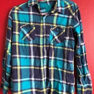 Blue, teal, yellow flannel